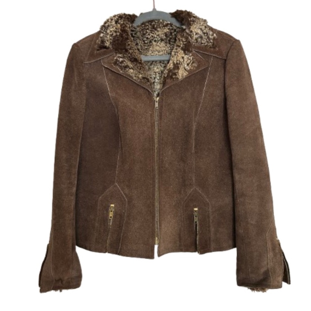 Incredible 1970s Vintage Brown Suede Skin Cheetahs Moto Jacket Coat Size S